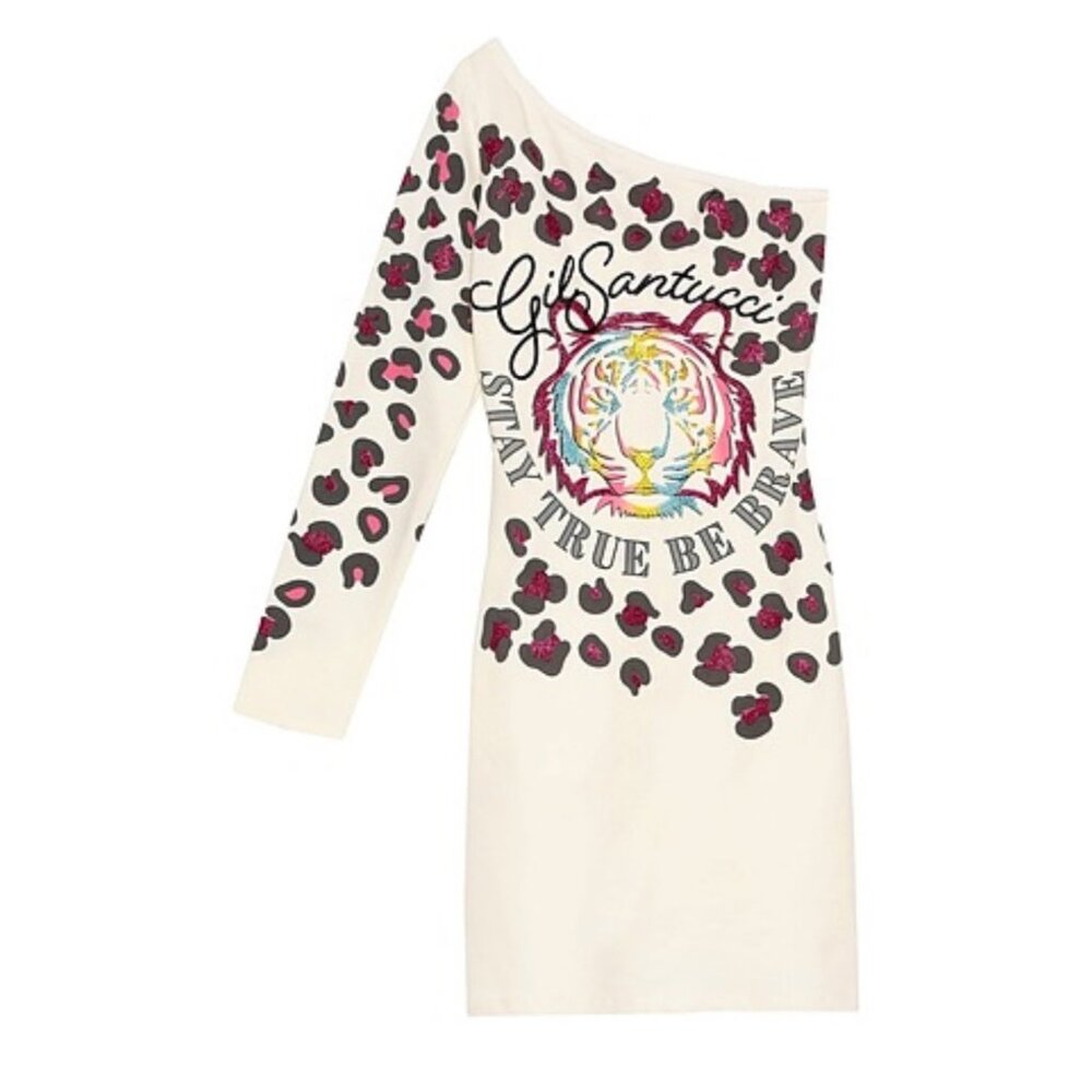 NWT Gil Santucci M L Mini Dress One Shoulder Sheath Stretch Jersey Tiger Ivory